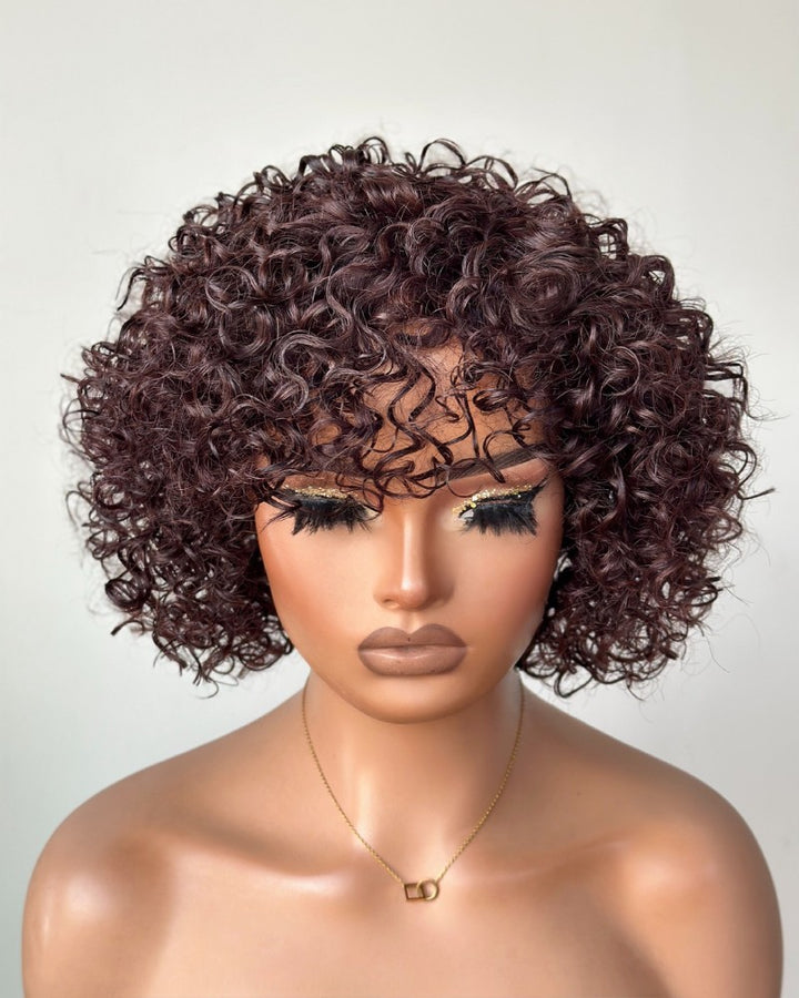 Put on & Go Brown Pixie Cut Curly Bob Wig 100% Human Hair
