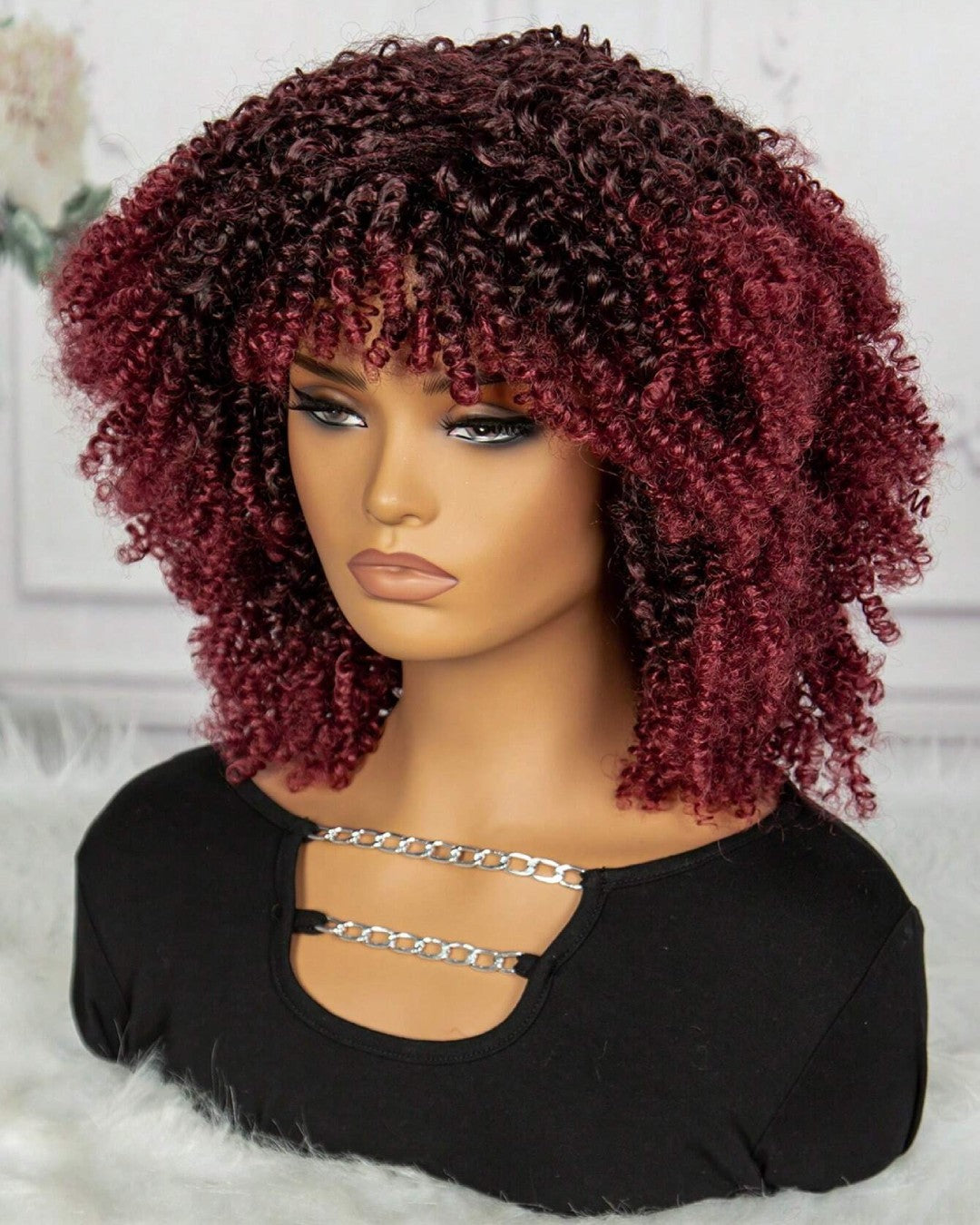 Cherry Colored Afro Curly Bangs Wig