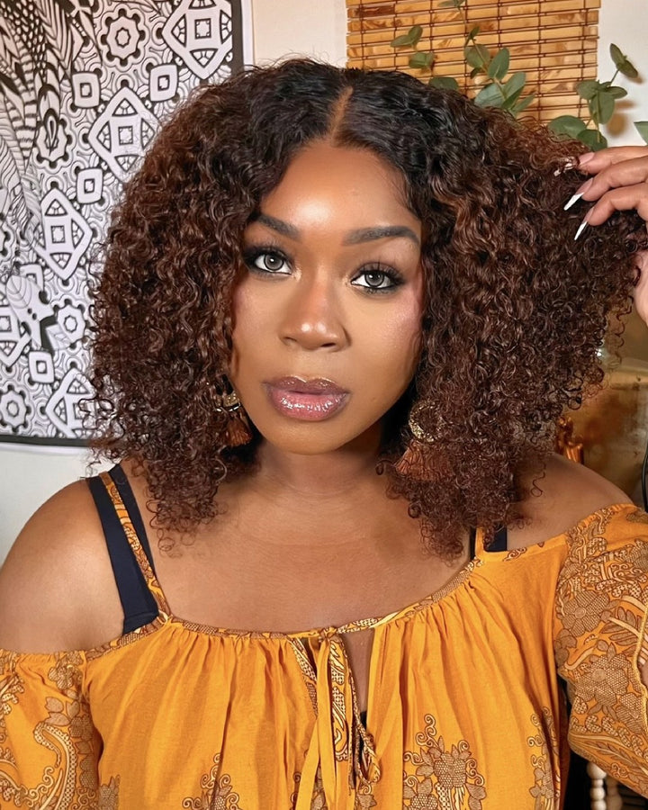 Fluffy Ombre Brown Jerry Curly 5x5 Lace Closure Wig