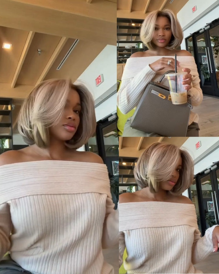 Ash Blonde Highlights Layered Bob Human Hair Lace Closure Wig