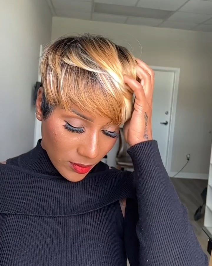 Short Honey Blonde Brown Highlight Bangs Wig Remy Hair