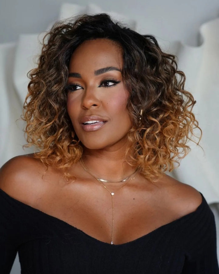 Ombre Golden Blonde Highlight Curly Human Hair Wig