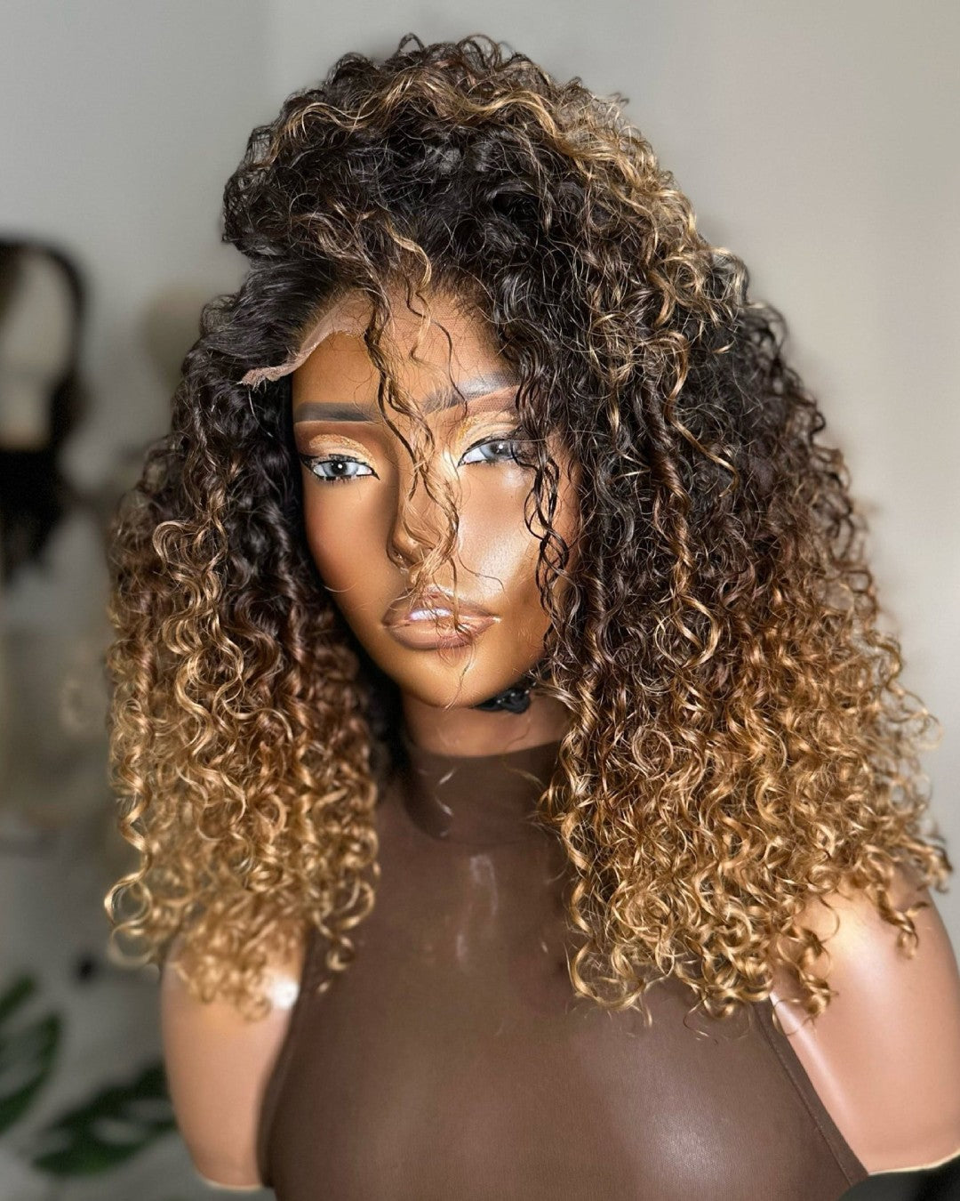 Middle Part Layered Ombre Brown Blonde With Kinky Curly Lace Front Wig