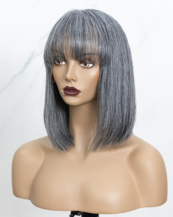 Salt And Pepper Grey Bob With Bangs Glueless Wig