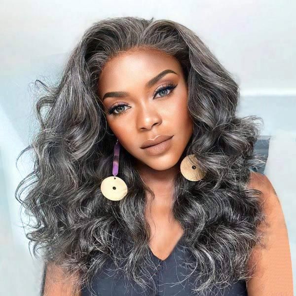 Salt And Pepper Gray Color Wavy Lace Front Wig 100% Human Hair