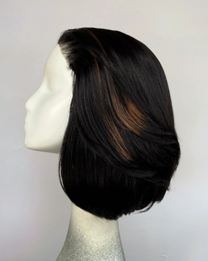 Middle Part Silky Straight Bob With Blonde Highlight Lace Closure Wig