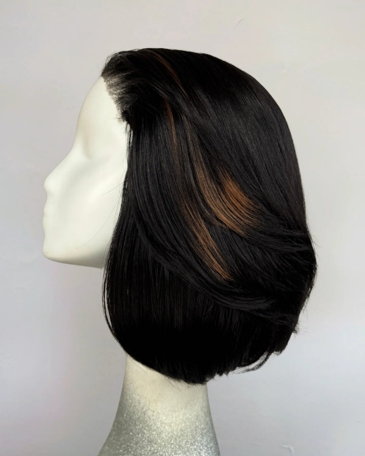 Middle Part Silky Straight Bob With Blonde Highlight Lace Closure Wig
