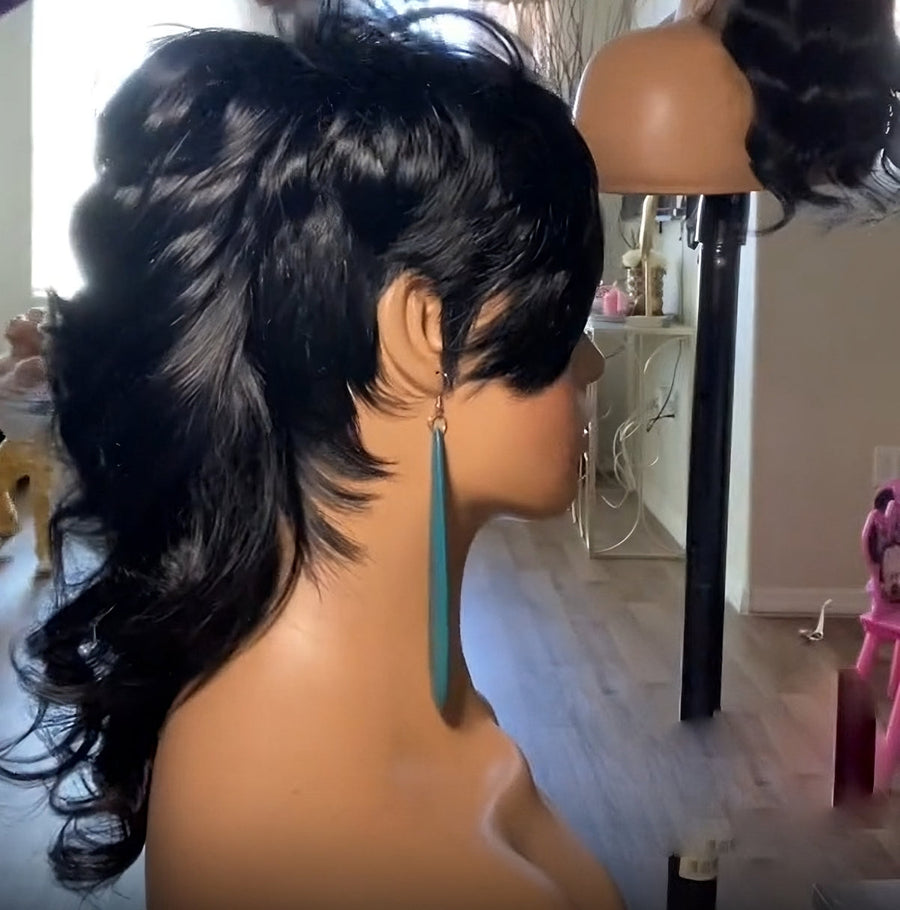 Mullet Glueless Natural Straight With Bangs WIg