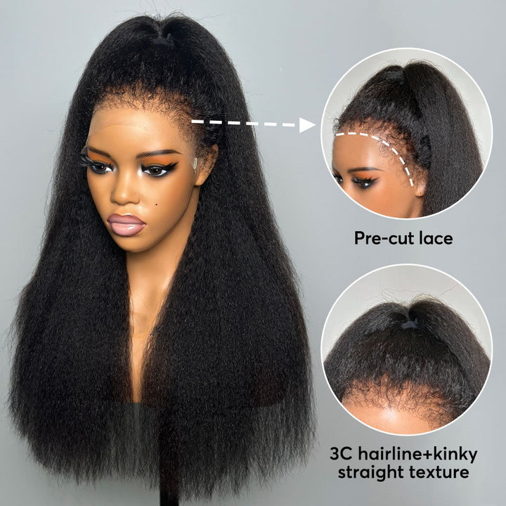 Glueless Hybrid Hairline With Kinky Straight 9x4 HD Lace Front Ventilated Wig