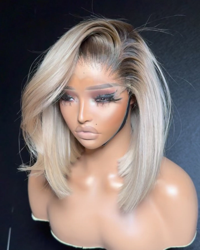 White Blonde With Dark Roots Side parted 13x4 Frontal Lace Wig