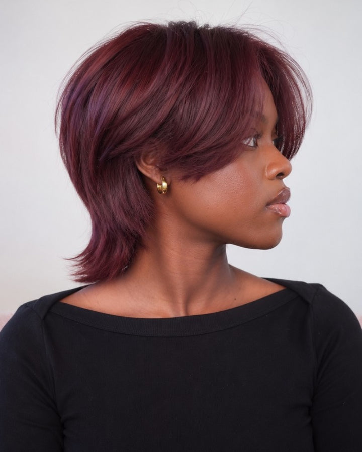 99J Burgundy Feathered Mullet 7x5 Drawstring Lace Wig with Bangs