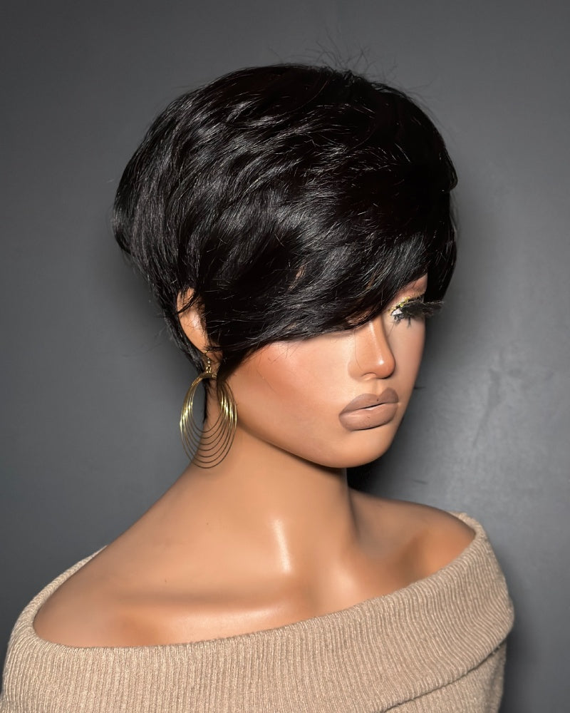 Long Layered Side Bangs Pixie Cut Human Hair Wig