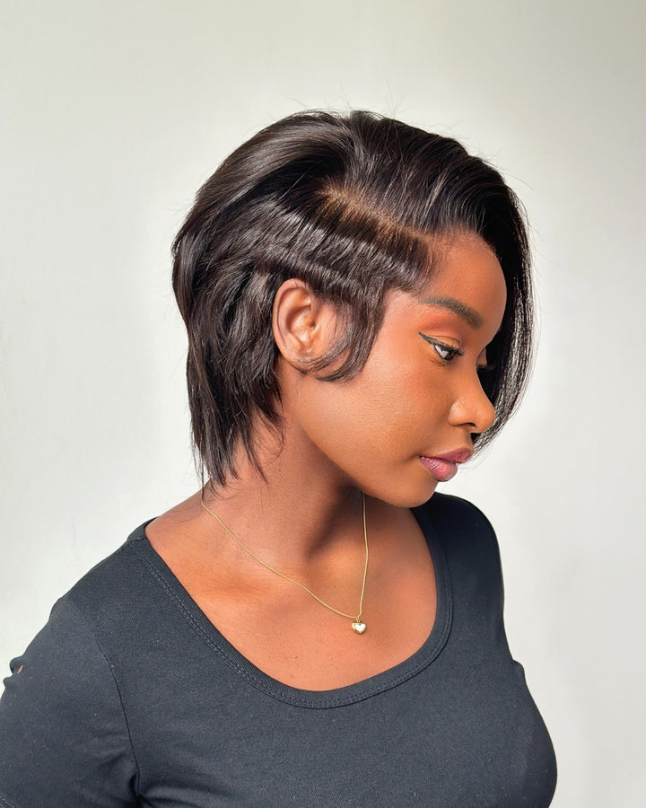 Full Lace Short Pixie Cut With Long Side Bangs Human Hair Wig