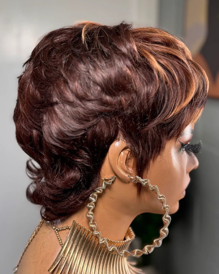 Glueless Shaggy Wolf Cut Red Brown Highlights Bangs Wig