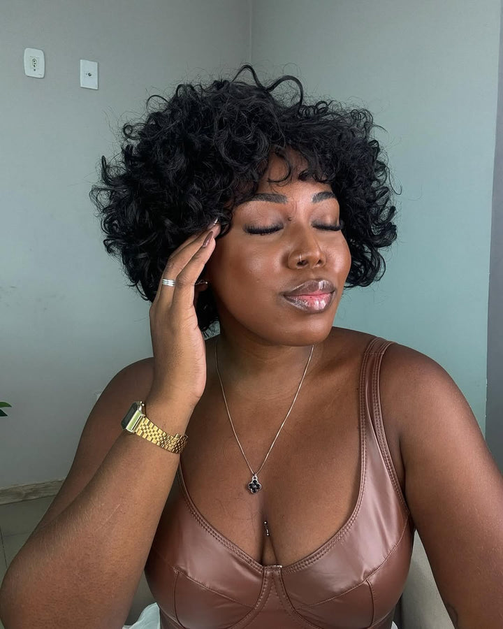 Black Short Curly Bob Wig With Bang