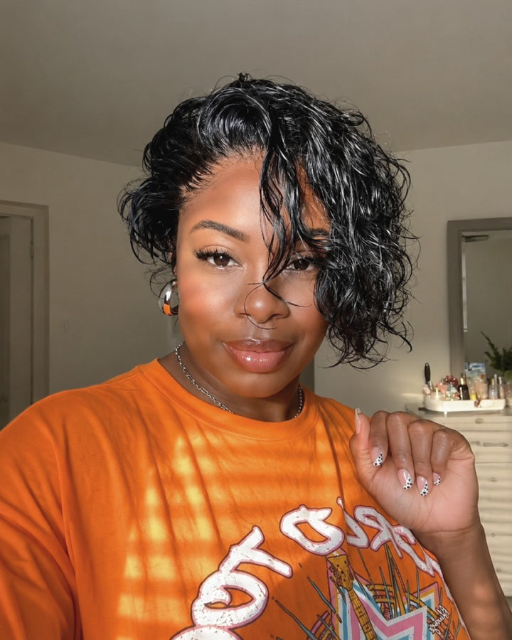 Wet Look Side-Swept Curly Pixie 13×6 Lace Front Wig with Drawstring