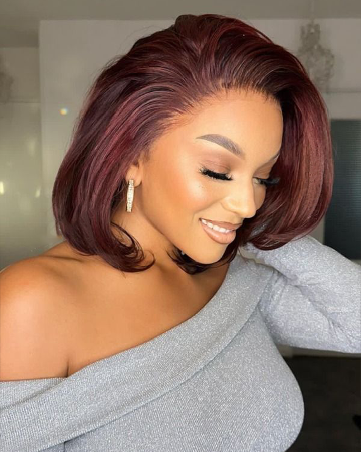 Burgundy Side Part Bob Human Hair Invisible Lace Front Wig