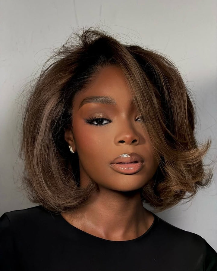 Dark Gold Highlighted Layered Wavy Curtain Bangs Lace Front Wig