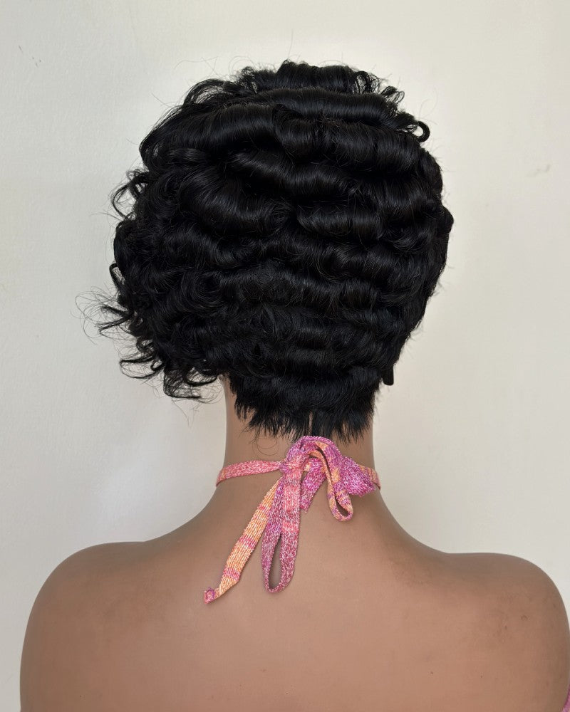 Drama Asymmetrical Curly Pixie 13x6 Lace Wig with Side Swept Bangs