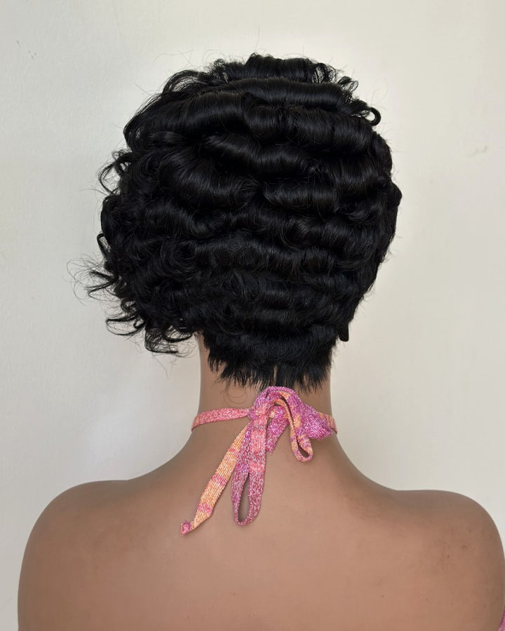 Drama Asymmetrical Curly Pixie 13x6 Lace Wig with Side Swept Bangs