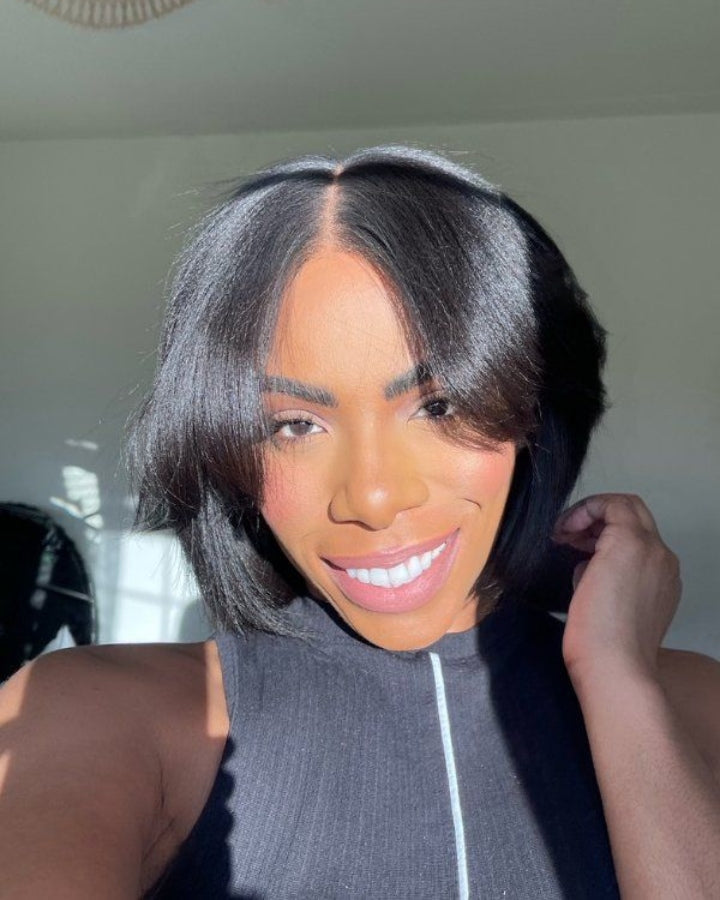Short Hair Yaki Bob With Curtain Bangs 5x5 Lace Closure Wig