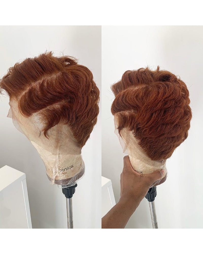 Copper Brown Full Lace Edgy Side Cut Short Pixie Wig