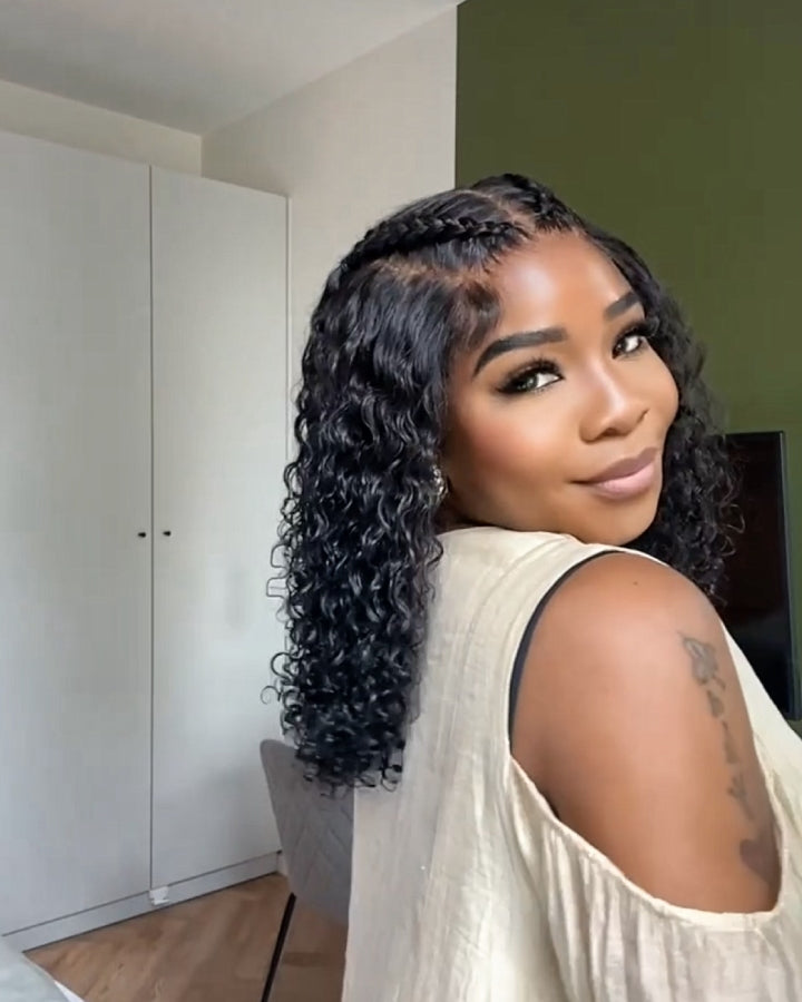 Natural Black 7x5 HD Lace Closure Pre-braided Human Hair Curly Wig