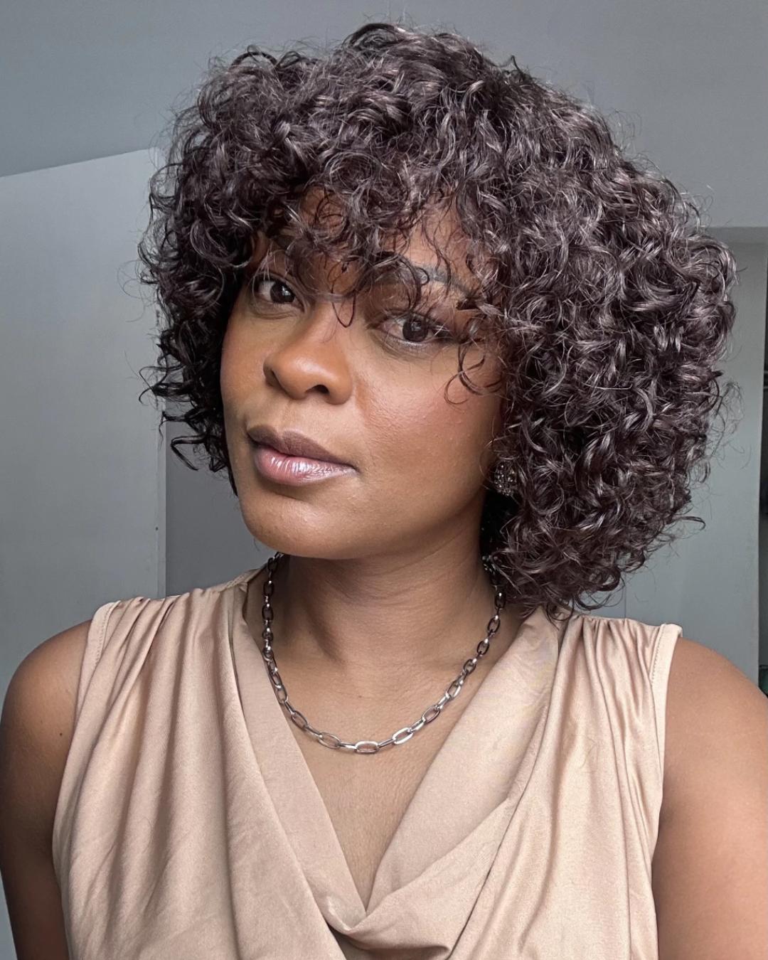 Put on & Go Brown Pixie Cut Curly Bob Wig 100% Human Hair