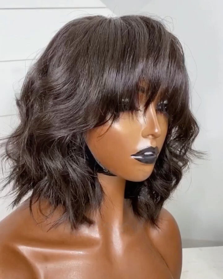 Glueless Short Layered Wavy Bangs Wig