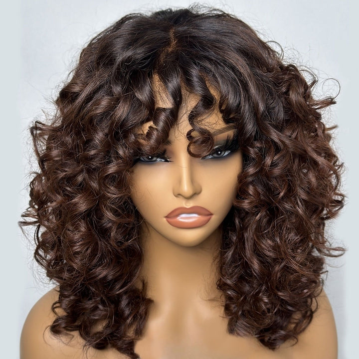 Light Brown Black Hair Root Glueless Curly Bang Wig