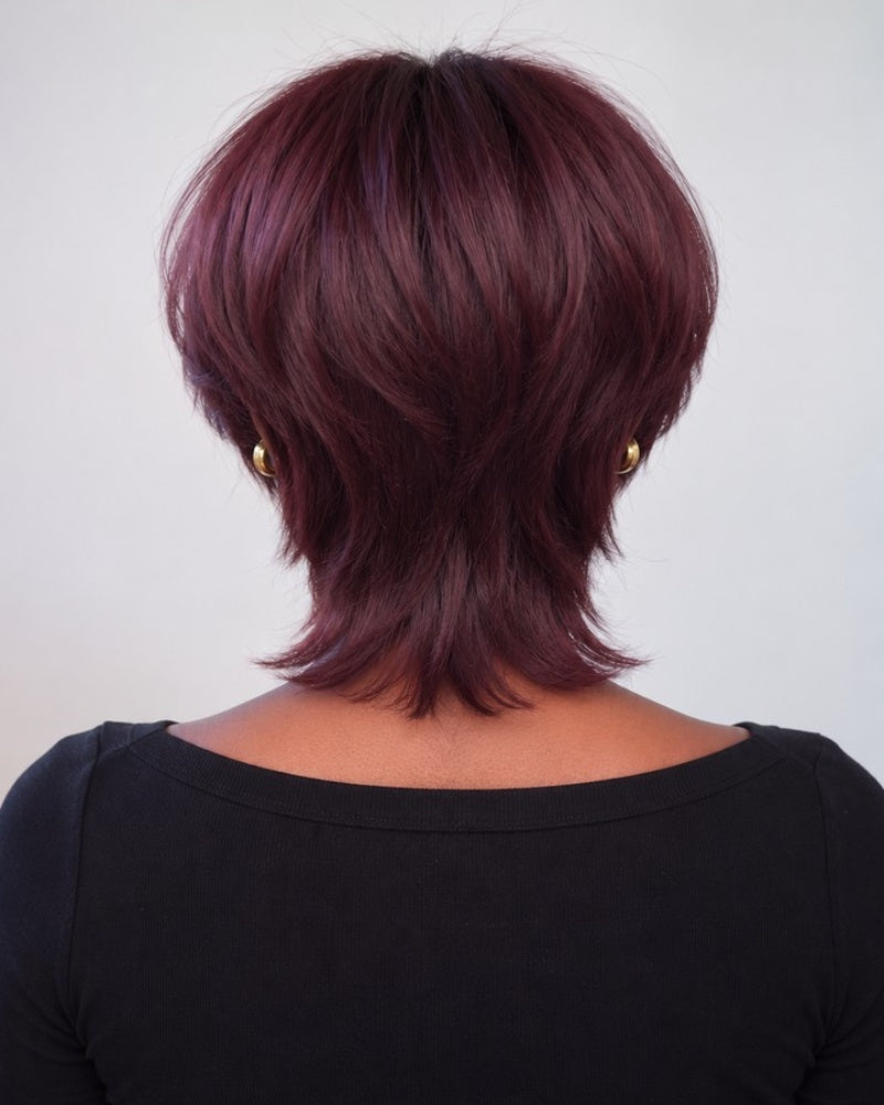 99J Burgundy Feathered Mullet 7x5 Drawstring Lace Wig with Bangs