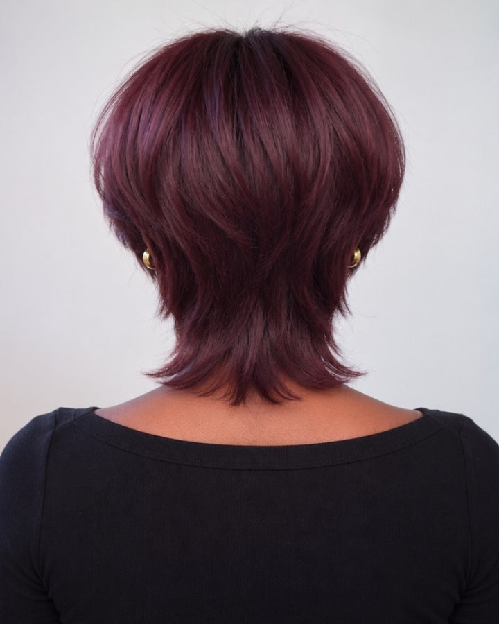 99J Burgundy Feathered Mullet 7x5 Drawstring Lace Wig with Bangs