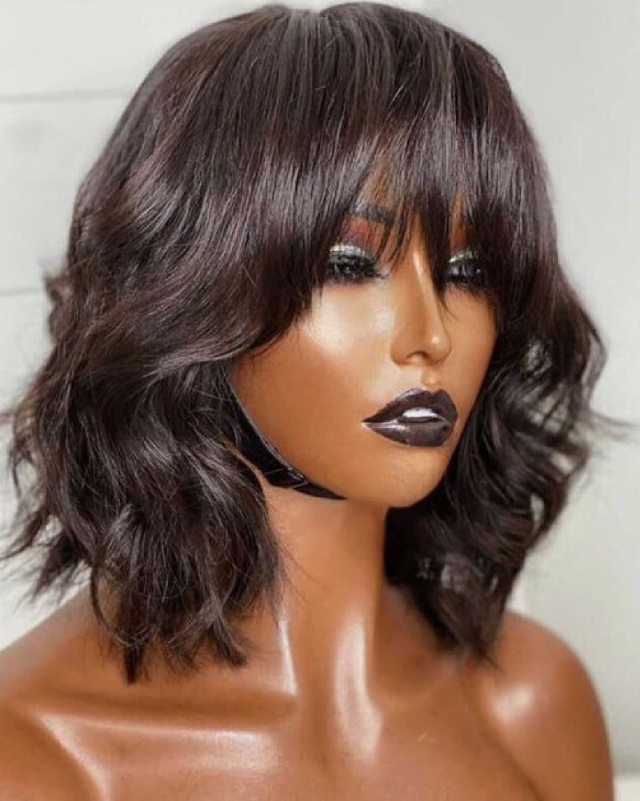 Glueless Short Layered Wavy Bangs Wig