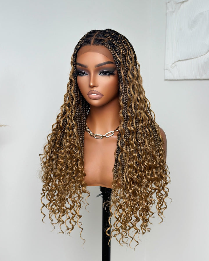 Tangleless Full Lace Bohemian Braided Curls Ombre Blonde Invisi Drawstring Wig
