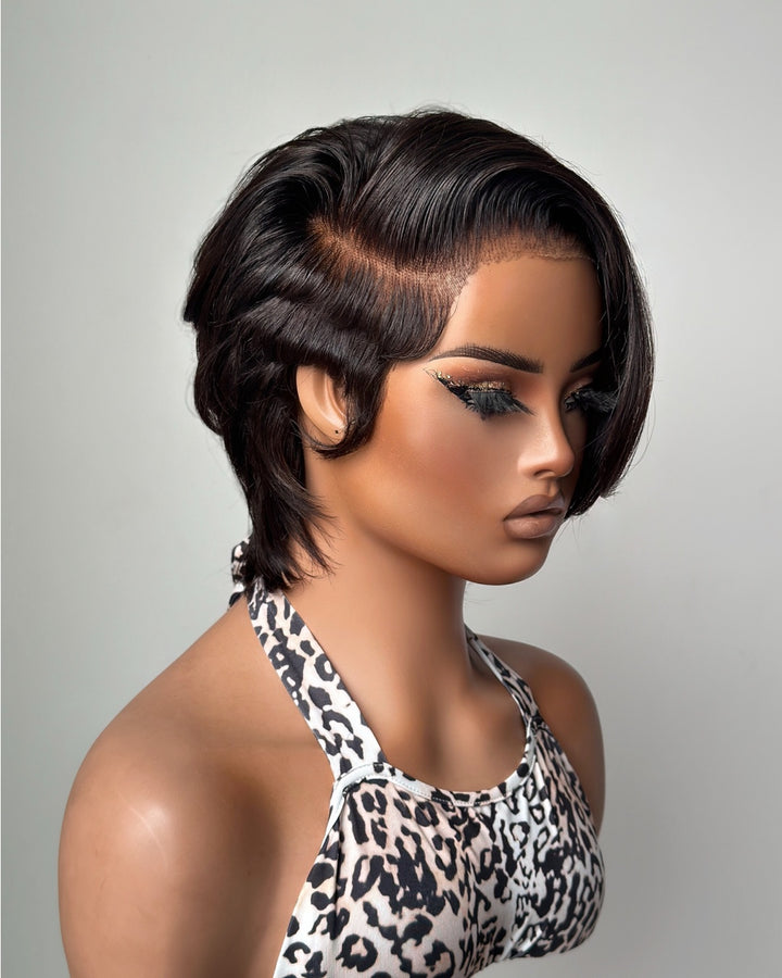 Full Lace Short Pixie Cut With Long Side Bangs Human Hair Wig