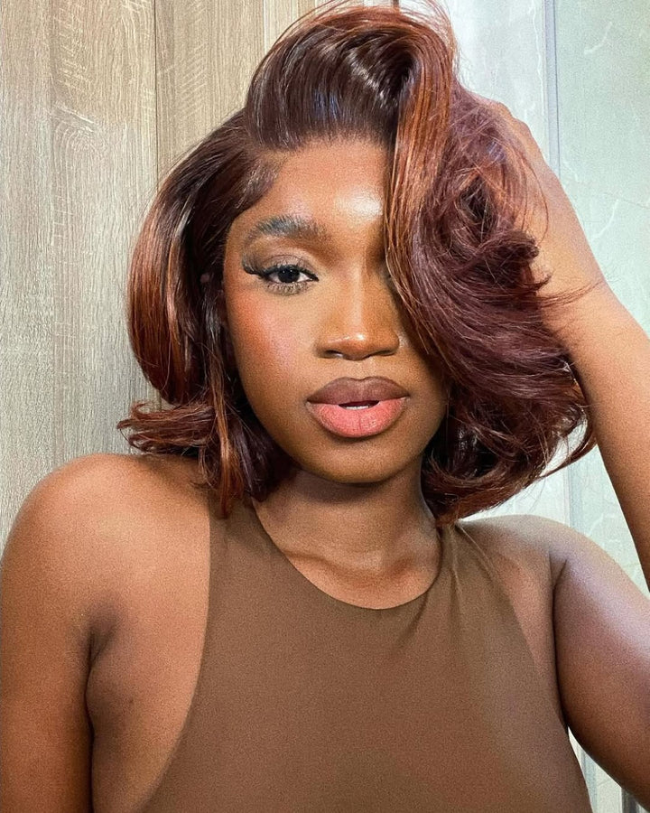 Orange Bangs With Reddish Brown Mixed Layered Wavy Lace Front Wig