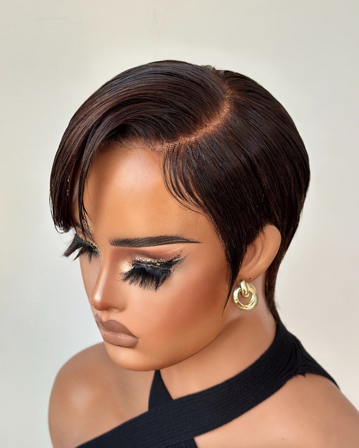 Dark Brown Full Lace Pixie Cut Wig With Side Swept Bangs