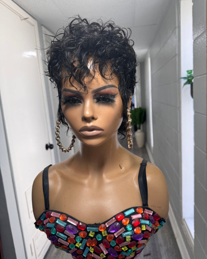 Spanish Wave Pixie Curls Bangs Full Lace Wig
