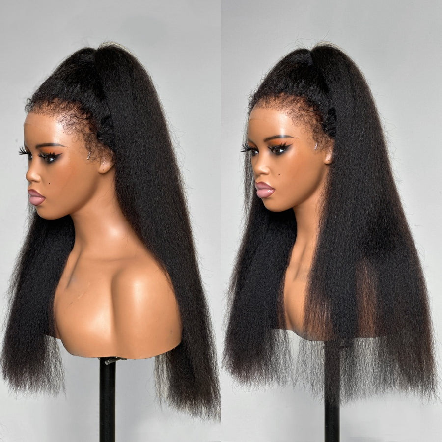 Glueless Hybrid Hairline With Kinky Straight 9x4 HD Lace Front Ventilated Wig