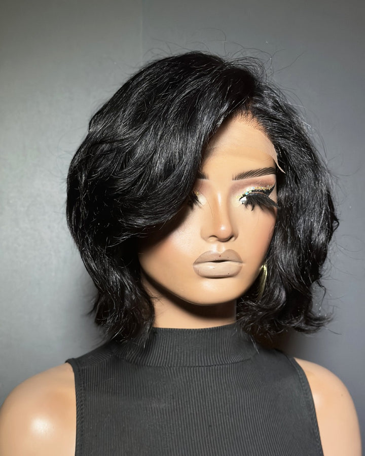 Natural Black Layered Fluffy Bob 5x5 Lace Closure Wig