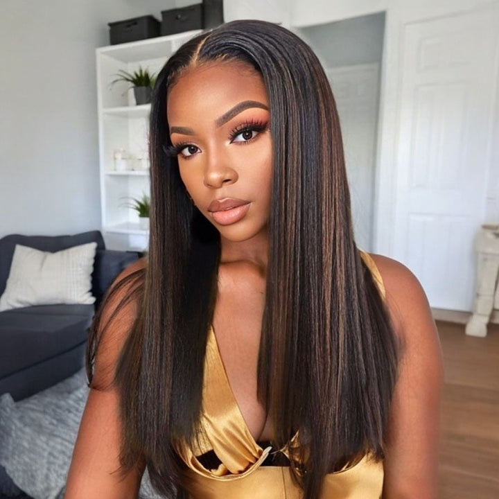 Kinky Straight Chestnut Brown Highlights 13x4 Lace Frontal Wig