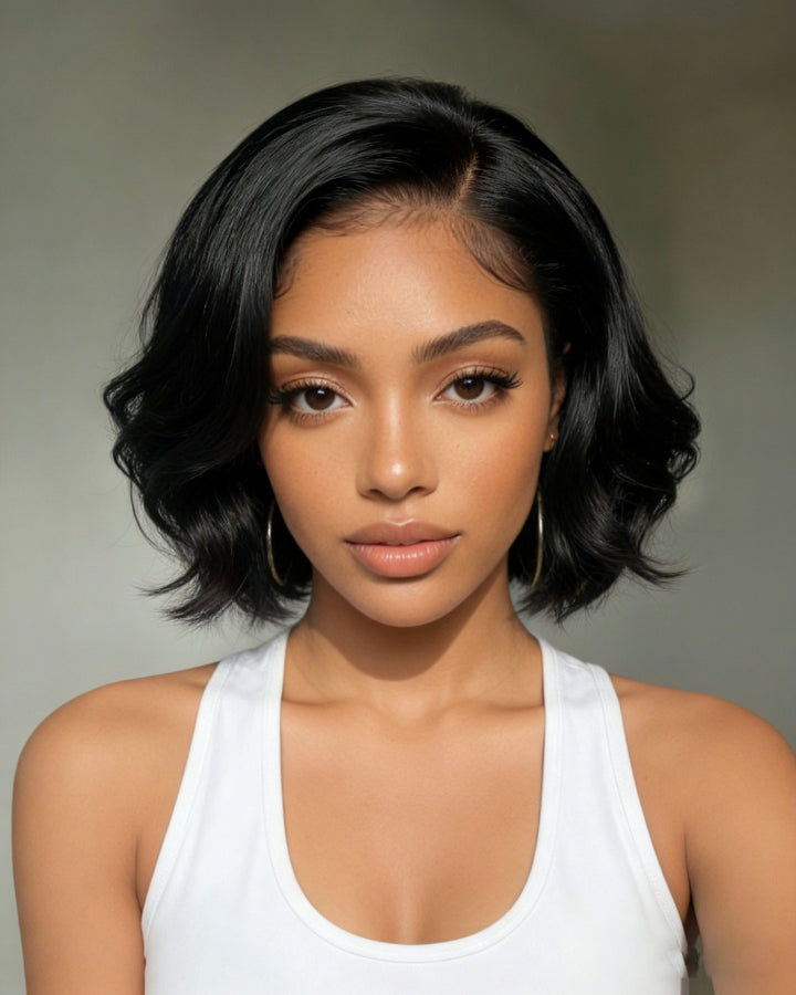 Natural Black Layered Fluffy Bob 5x5 Lace Closure Wig