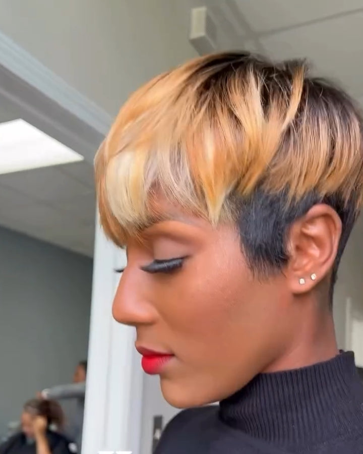 Short Honey Blonde Brown Highlight Bangs Wig Remy Hair