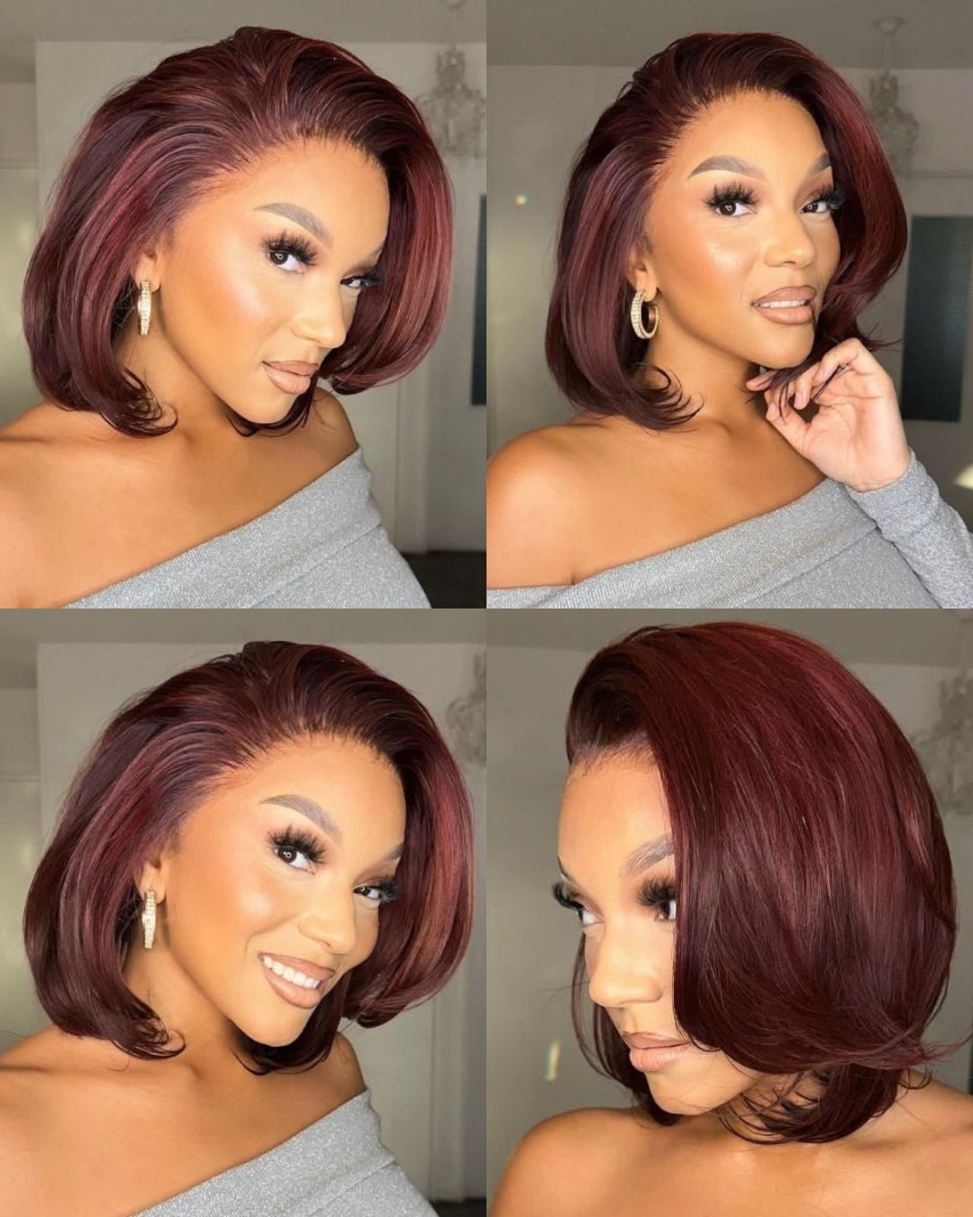 Burgundy Side Part Bob Human Hair Invisible Lace Front Wig