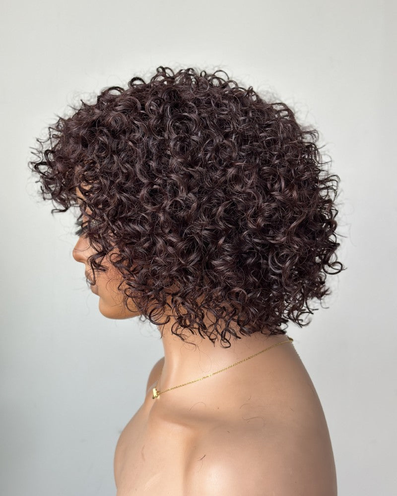 Put on & Go Brown Pixie Cut Curly Bob Wig 100% Human Hair