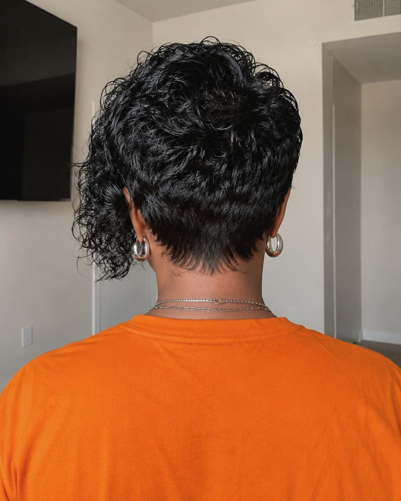 Wet Look Side-Swept Curly Pixie 13×6 Lace Front Wig with Drawstring