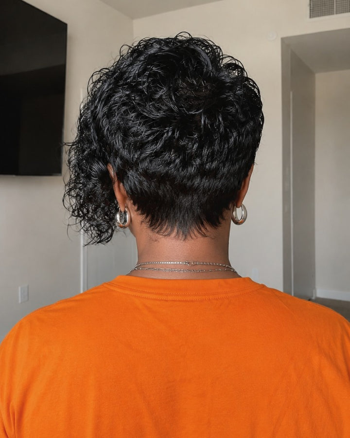 Wet Look Side-Swept Curly Pixie 13×6 Lace Front Wig with Drawstring