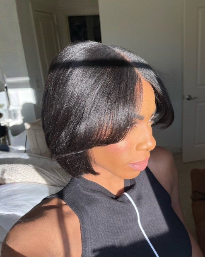 Short Hair Yaki Bob With Curtain Bangs 5x5 Lace Closure Wig