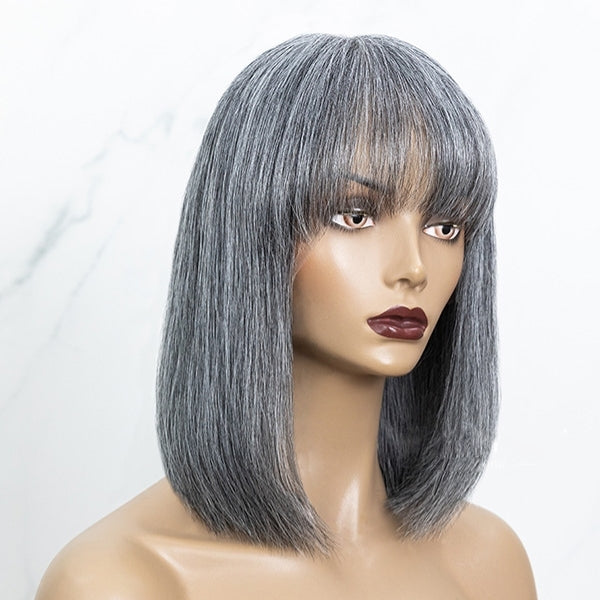 Salt And Pepper Grey Bob With Bangs Glueless Wig