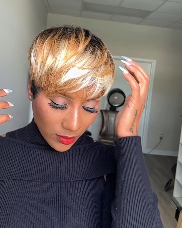 Short Honey Blonde Brown Highlight Bangs Wig Remy Hair